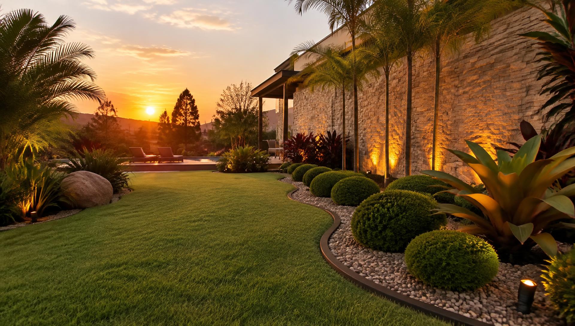 Jardim paisagístico iluminado ao entardecer
